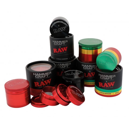 RAW X HAMMERCRAFT ALUMINIUM GRINDER - BLACK, RASTA OR RED. RAW X HAMMERCRAFT ALUMINIUM GRINDER - BLACK, RASTA OR RED.