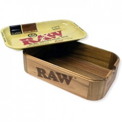 RAW Wooden Cache Box w/ Metal Rolling Tray Small - 11” x 7” x 3.5”